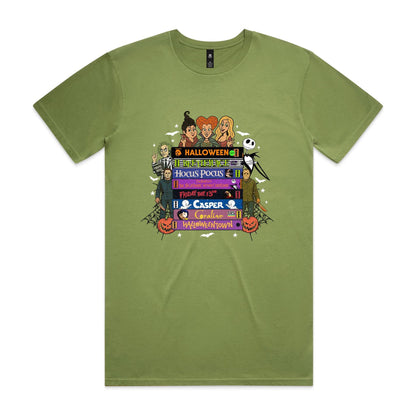 A graphic print featuring cartoon characters and movie titles from the Halloween franchise, including Dr. Seuss, Jack Skellington, Michael Myers, Sally, and various film titles like 'Halloween', 'Bedazzle', 'Hocus Pocus', 'Friday the 13th', 'Casper', and 'Gorillaz vs.