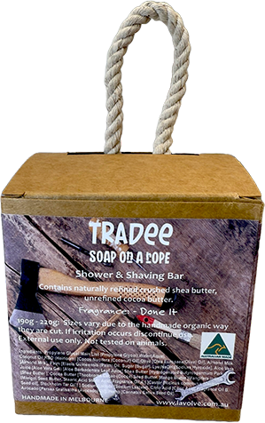Tradee Soap on a Rope shower and shaving bar in its brown cardboard packaging with a thick rope handle, shown against a white background.