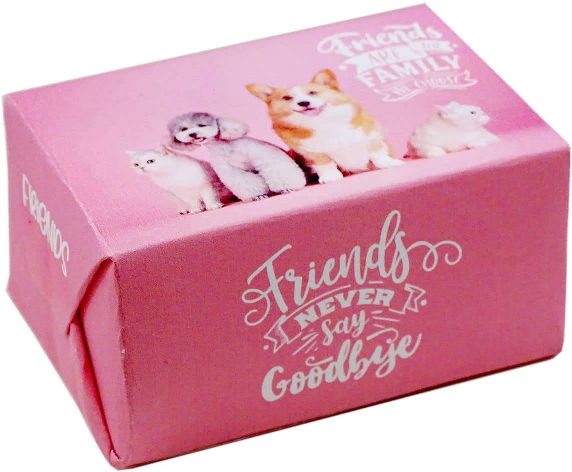 A pink rectangular gift box with printed dog and cat illustrations and the phrase 'Friends Never Say Goodbye' on the front, photographed on a plain white background.