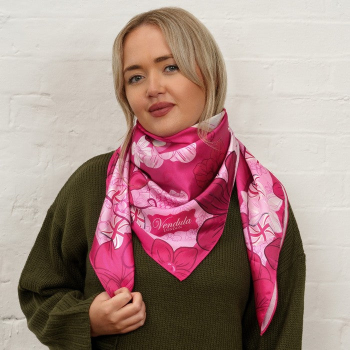 Vendula X Pink Ribbon Foundation - London Cats & Corgis Floral Large Satin Square Scarf