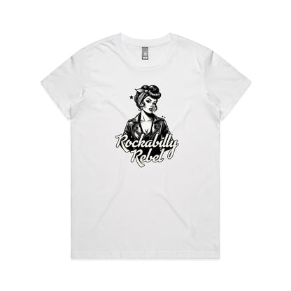 A black and white graphic print on a white fabric background, featuring a retro pin-up style woman in a leather jacket with the text 'Rockabilly Rebel'.