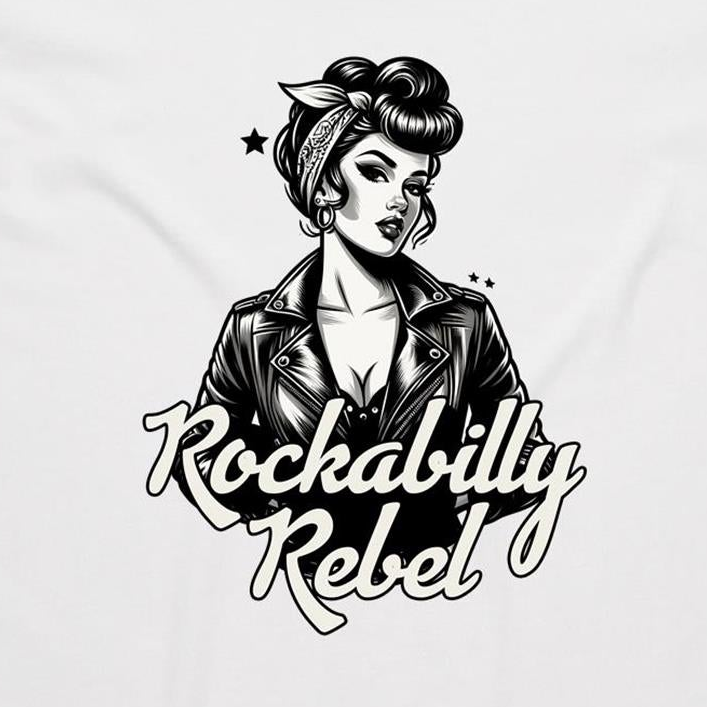 A black and white graphic print on a white fabric background, featuring a retro pin-up style woman in a leather jacket with the text 'Rockabilly Rebel'.