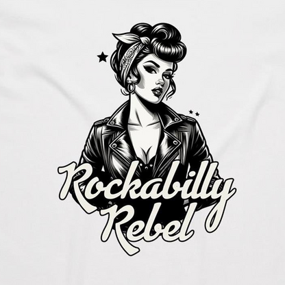 A black and white graphic print on a white fabric background, featuring a retro pin-up style woman in a leather jacket with the text 'Rockabilly Rebel'.