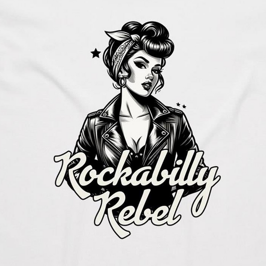 A black and white graphic print on a white fabric background, featuring a retro pin-up style woman in a leather jacket with the text 'Rockabilly Rebel'.