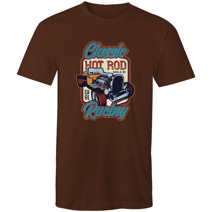 A vintage-style graphic print featuring a hot rod car with an exposed engine, surrounded by the words 'Classic Hot Rod Racing' and '1981 BRKLN. NY' 