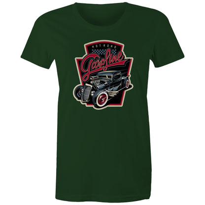 women's t-shirt with a graphic print of a vintage car and the text 'Hot Road Gasoline' on the front.