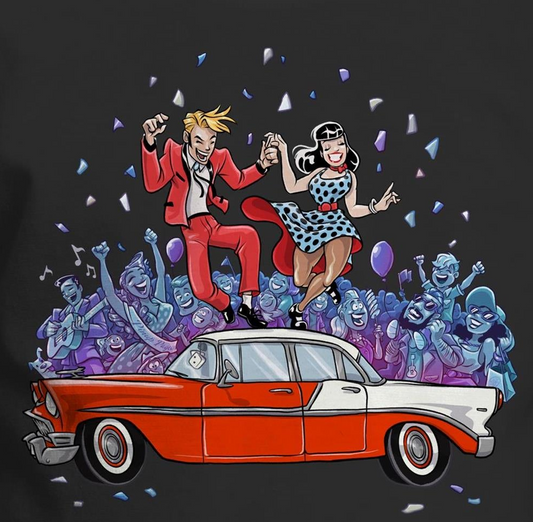 A graphic print on a dark shirt featuring a retro 1950s red and white car with a dancing couple above it, surrounded by blue zombie-like figures and confetti.