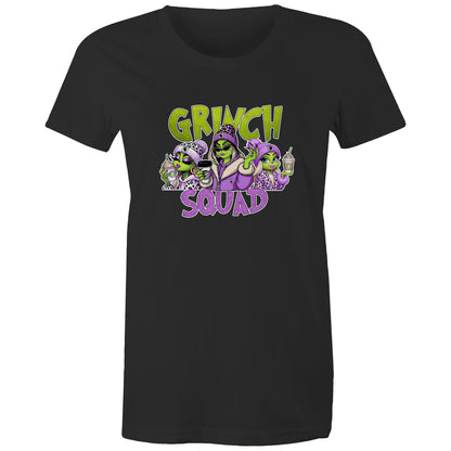 A dark heather gray t-shirt featuring a colorful graphic print of three cartoon aliens dressed in purple and leopard-print clothing, holding drinks, with the text 'GRINCH SQUAD' in lime green and purple.