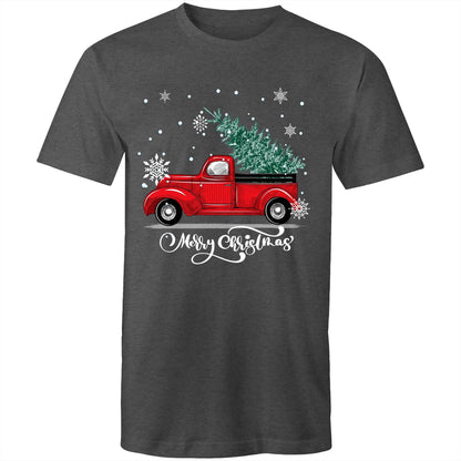 Men's green t-shirt with 'Merry Christmas' and a graphic of a red ute (pickup truck) with snowflakes and a Christmas tree on it.