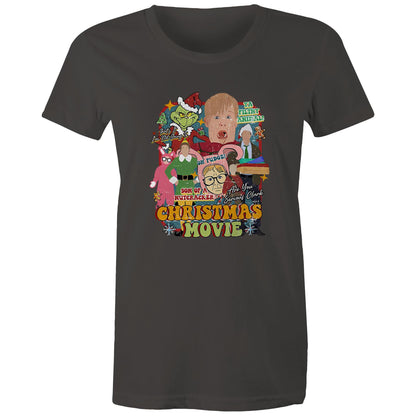 A blue graphic t-shirt featuring a colorful collage of characters and text from the movie 'The Grinch' parody titled 'Christmas Movie'.
