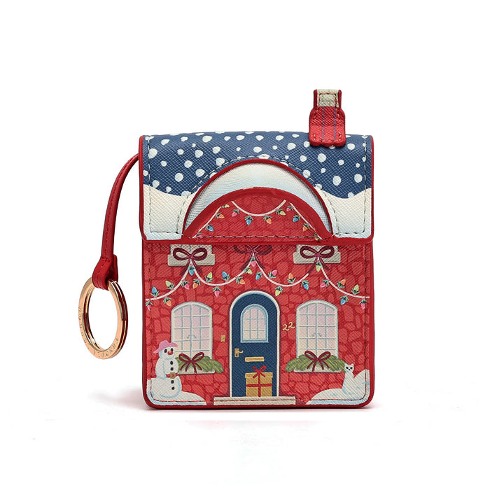 A small red holiday house-shaped card holder or wallet with a matching red wrist strap and gold-tone key ring, featuring a blue polka-dot roof, blue door, windows, snowman, gift, and cat details on a white background.
