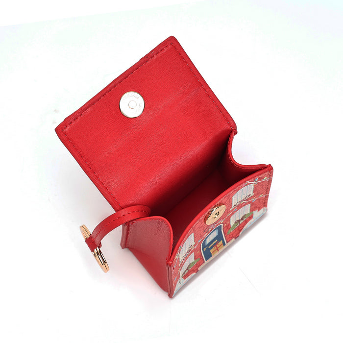 A small red leather wallet shown open on a white background, featuring a snap-button closure on the inside flap and a decorative printed pattern on the exterior side panel.