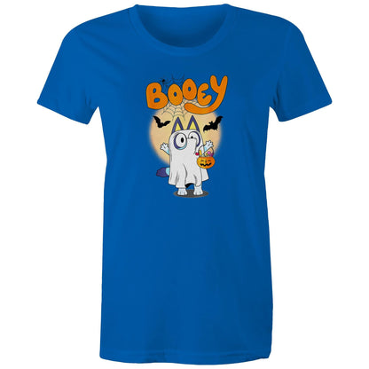 A blue graphic print featuring a cartoon cat dressed as a ghost holding a jack-o'-lantern bucket, with the word 'Booey' in orange above, bats, spiderwebs, and a moon.