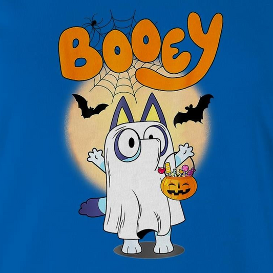 A blue graphic print featuring a cartoon cat dressed as a ghost holding a jack-o'-lantern bucket, with the word 'Booey' in orange above, bats, spiderwebs, and a moon.