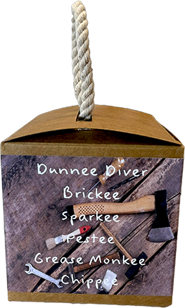 A novelty Dunnee Diver themed gift box with a thick white rope handle, featuring a rustic wood-grain printed front panel with humorous labels for diving tools.