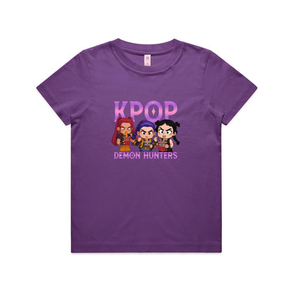 A graphic print featuring three chibi-style cartoon girls eating noodles, with the word 'K-POP' above them and 'DEMON HUNTERS' below