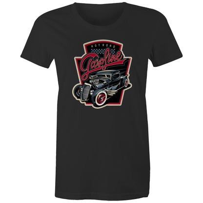 women's t-shirt with a graphic print of a vintage car and the text 'Hot Road Gasoline' on the front.