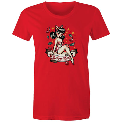 A black women's t-shirt with a printed graphic of a pinup style illustration featuring a character with a bow and stars, and the text 'Cherry Bomb'.