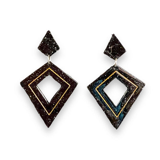 Pair of geometric earrings with a black and gold design on a white background