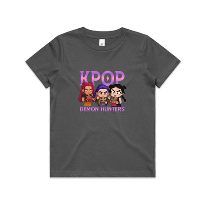A graphic print featuring three chibi-style cartoon girls eating noodles, with the word 'K-POP' above them and 'DEMON HUNTERS' below