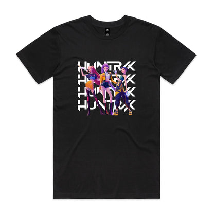 graphic t-shirt featuring three stylized female anime characters standing in front of a large white repeating 'HUNTRX' logo. The shirt fabric is visible, and the graphic is printed in vibrant shades of purple, yellow, orange, and black.