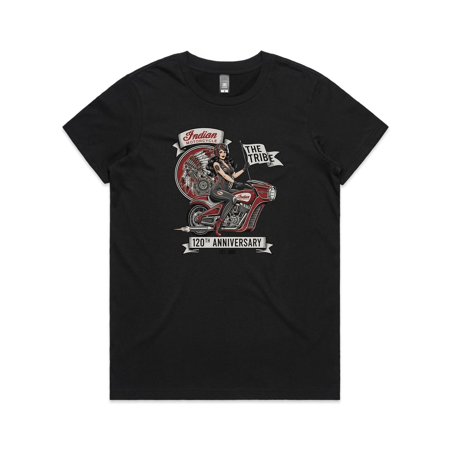 Indian 120th - Women's Black Tee | This is a Print on Demand Item