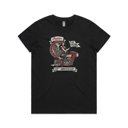 A black graphic print featuring a retro-style illustration of a woman in a black leather outfit riding a red motorcycle, with banners reading 'Indian Motorcycle', 'THE TRIBE', and '120TH ANNIVERSARY'.