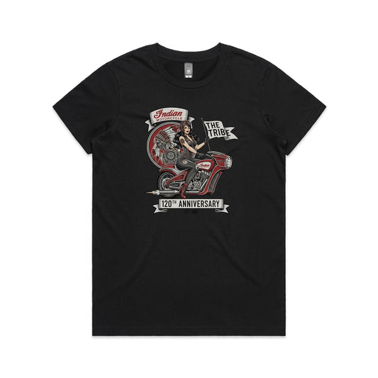 Indian 120th - Women's Black Tee | This is a Print on Demand Item