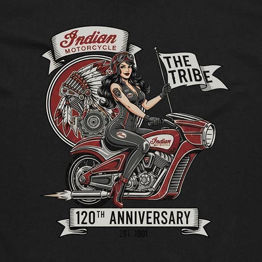 A black graphic print featuring a retro-style illustration of a woman in a black leather outfit riding a red motorcycle, with banners reading 'Indian Motorcycle', 'THE TRIBE', and '120TH ANNIVERSARY'.