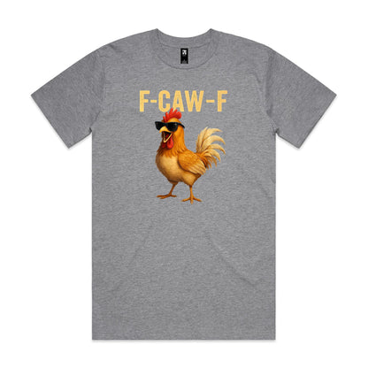 A graphic print on a black t-shirt featuring the text 'F-CAW-F' in a distressed gold font above an illustration of a golden-brown rooster wearing black sunglasses.