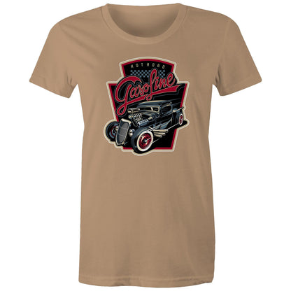 women's t-shirt with a graphic print of a vintage car and the text 'Hot Road Gasoline' on the front.