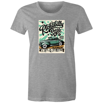 A vintage-style poster graphic on a sage green background, featuring the text 'Rockabilly Style FEST' in black script, a retro green car illustration, and 'VINTAGE DRAG RACE' with the date '13-17 NOV, 20'.