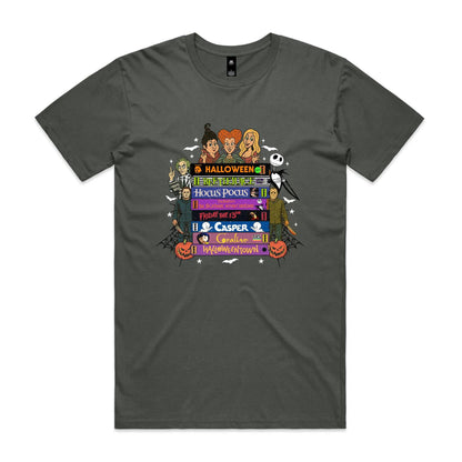 A graphic print featuring cartoon characters and movie titles from the Halloween franchise, including Dr. Seuss, Jack Skellington, Michael Myers, Sally, and various film titles like 'Halloween', 'Bedazzle', 'Hocus Pocus', 'Friday the 13th', 'Casper', and 'Gorillaz vs.