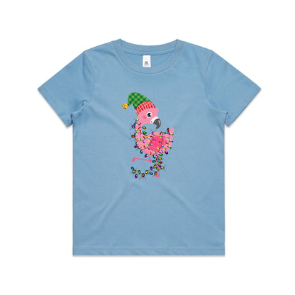A pink cartoon flamingo wearing a green and red plaid Santa hat, wrapped in colorful Christmas lights, printed on a white fabric background.