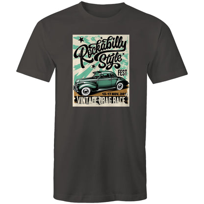 A vintage-style graphic print on a rectangular poster or t-shirt design featuring the words 'Rockabilly Style Fest' and 'Vintage Drag Race' with a green classic car illustration. The design has distressed black lettering, teal starburst shapes, and a tan base, shown against a plain light background.