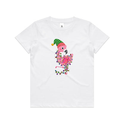 A pink cartoon flamingo wearing a green and red plaid Santa hat, wrapped in colorful Christmas lights, printed on a white fabric background.