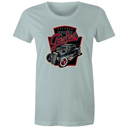 women's t-shirt with a graphic print of a vintage car and the text 'Hot Road Gasoline' on the front.