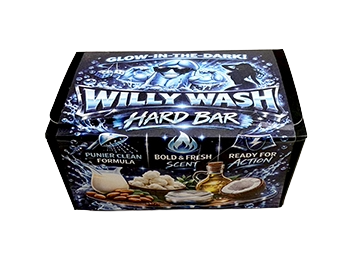 A boxed product labeled 'WILLY WASH HARD BAR' with glowing blue and black graphics, shown on a plain white background. The box includes scent imagery and text such as 'Glow in the Dark' and 'Ready for Action.