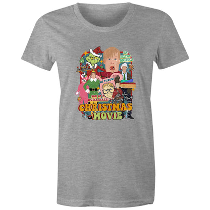 A blue graphic t-shirt featuring a colorful collage of characters and text from the movie 'The Grinch' parody titled 'Christmas Movie'.