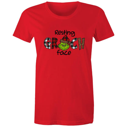 A white women's maple tee with 'Resting GRINCH FACE' printed on the front.