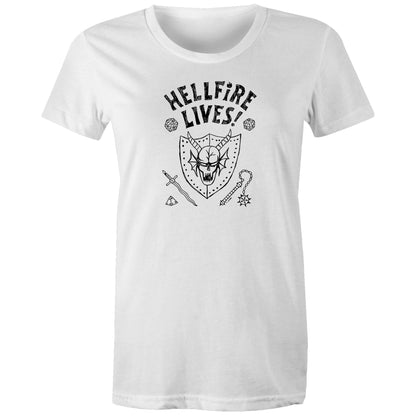 A red graphic print featuring the text 'HELLFIRE LIVES!' in a distressed black font, above a black illustrated skull inside a shield with fantasy accessories including dice, a sword, and a mace.