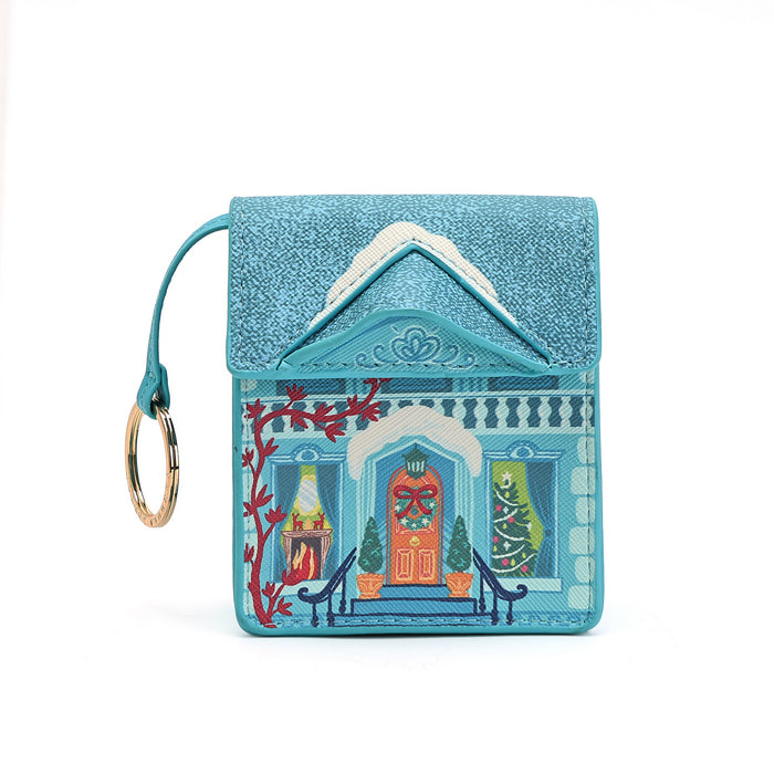 A small turquoise blue card holder or wallet with a house-themed embroidered design on the front, featuring a gold-tone key ring attached on the left side, set against a plain white background.