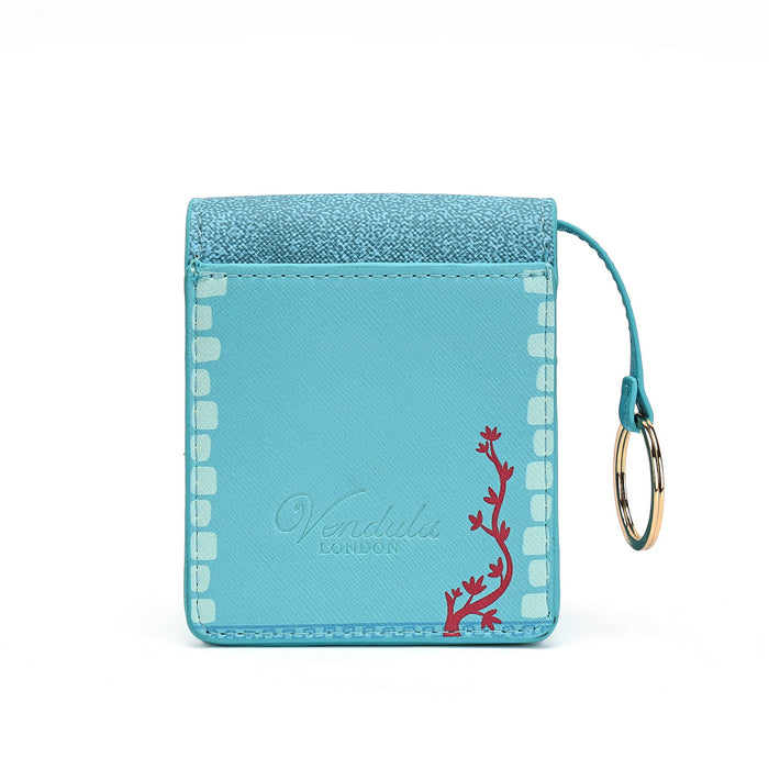 A light blue textured leather card holder wallet by Vendula London, featuring a red coral branch design on the front, white stitched border details, and a matching blue strap with a gold-tone key ring on a white background.