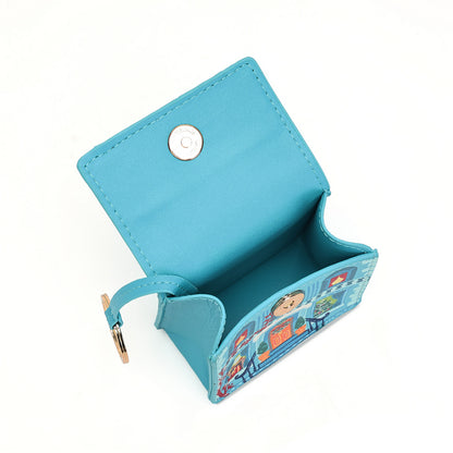 A small turquoise blue card holder wallet with a snap button closure and a colorful cartoon illustration on the front, shown open on a white background.
