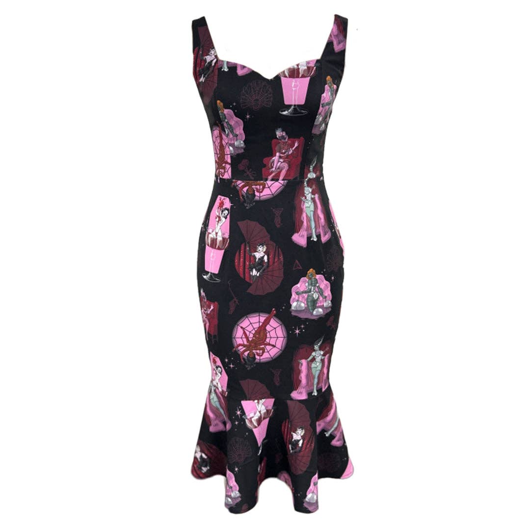 A sleeveless, bodycon mermaid-style dress with a black base and a pink and purple gothic-themed graphic print featuring cocktail glasses, cogs, and stylized figures, shown against a plain white background.