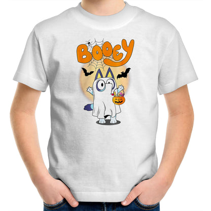 A Halloween-themed graphic print featuring a cartoon cat dressed as a ghost, holding a jack-o'-lantern candy basket, with the word 'Booey' in large orange letters above on a blue background.