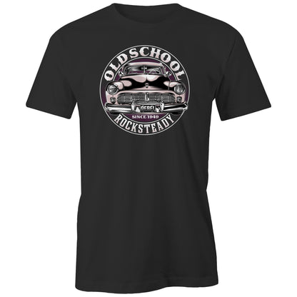 A circular graphic print on a dark charcoal t-shirt featuring a retro illustration of a classic car with the text 'OLD SCHOOL ROCKSTEADY' and 'SINCE 1949'.