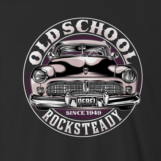 A circular graphic print on a dark charcoal t-shirt featuring a retro illustration of a classic car with the text 'OLD SCHOOL ROCKSTEADY' and 'SINCE 1949'.