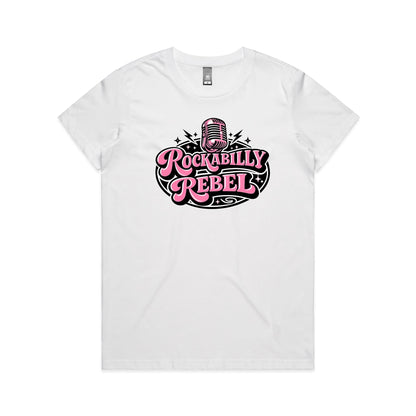 A graphic design featuring a retro pink microphone above the stylized text 'ROCKABILLY REBEL' in pink and black, shown on a plain white background.