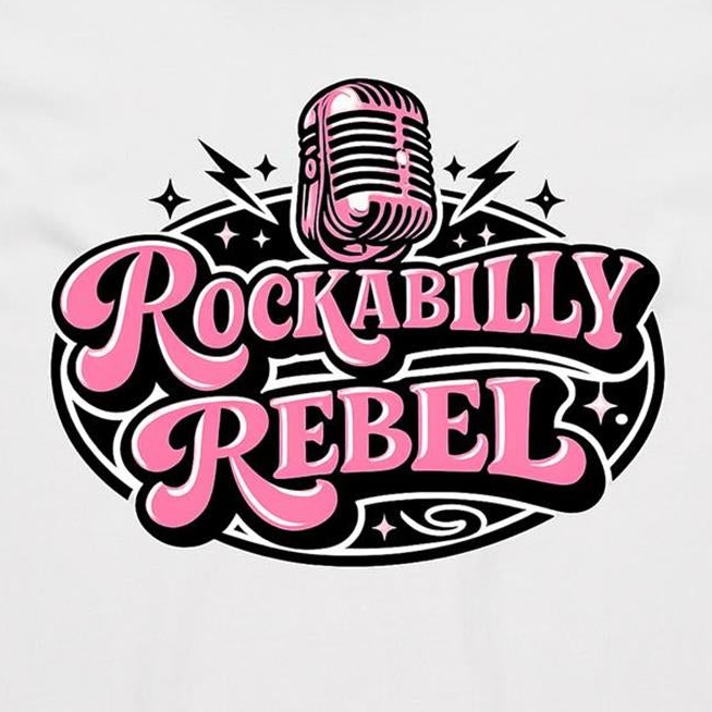 A graphic design featuring a retro pink microphone above the stylized text 'ROCKABILLY REBEL' in pink and black, shown on a plain white background.